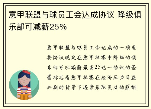 意甲联盟与球员工会达成协议 降级俱乐部可减薪25%
